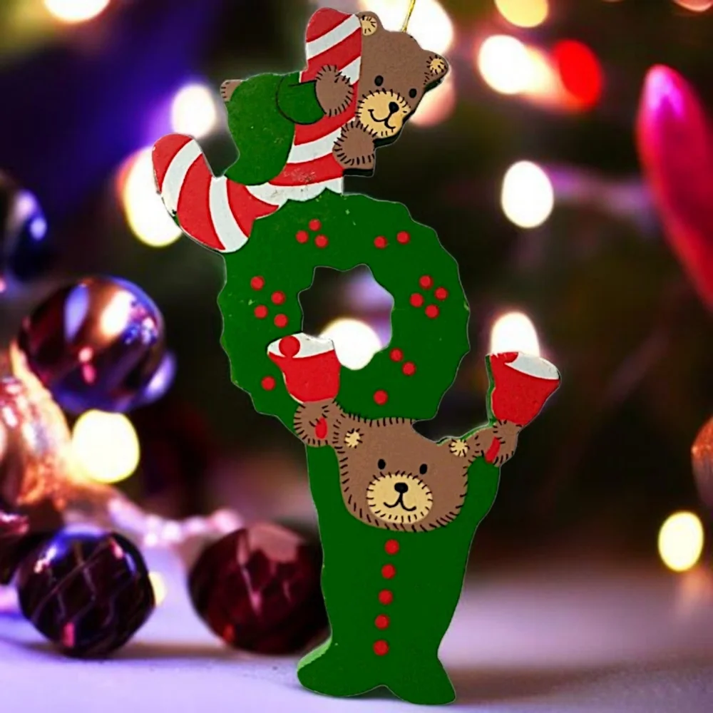 JOY Spell‎ Out Christmas Ornament Folk Art Primitive Die Cut Vintage Wood Bears